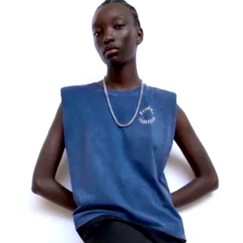 ZARA Friday Feeling Denim Blue Muscle Top With Padded Shoulders  …
